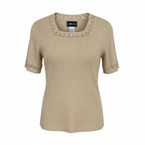 Sag Harbor Womens Tan Crochet Trim Square Neck Short Sleeve Knit Top M Cottage